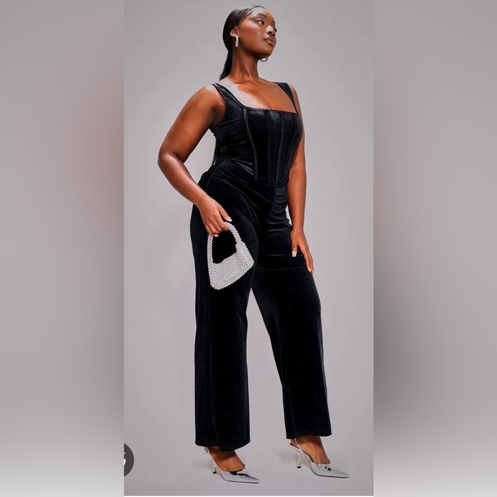 PrettyLittleThing Black Velvet Coset Jumpsuit NWT